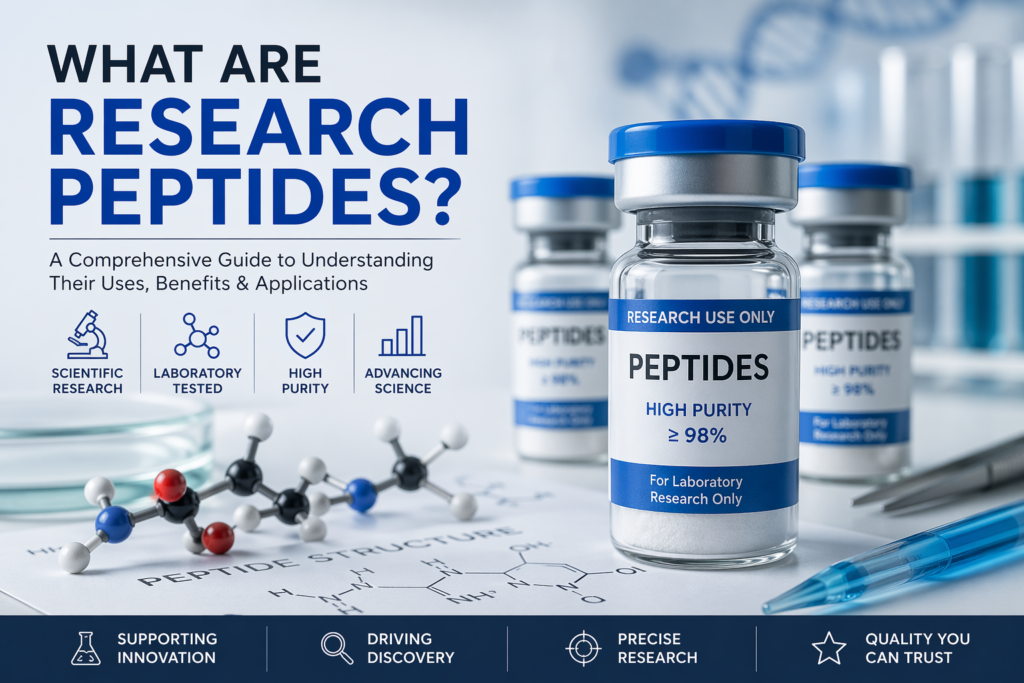 What are research peptides infographic showing lab tested high purity peptides for scientific research